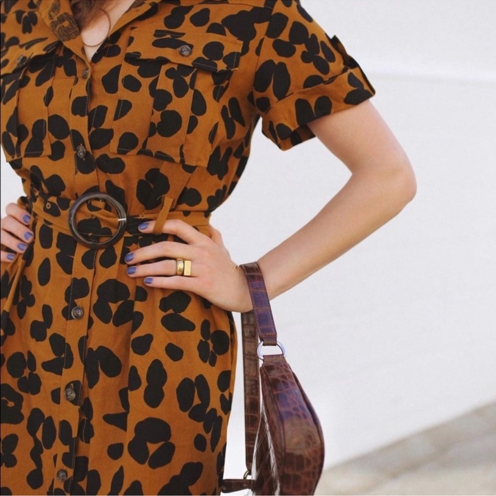 Who What Wear linen Mustard Brown Leopard Print Midi Dress - Picture 2 of 10
